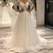 Elegant Short-Sleeve Backless A-Line Wedding Gown with Deep V-Neck, Lace Appliques, and Pearls