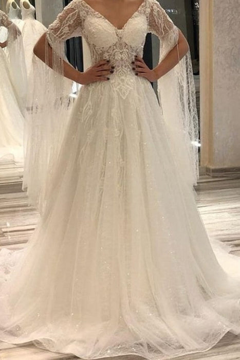 Elegant Short-Sleeve Lace A-Line Wedding Gown Deep V-Neck Pearls Bridal Dress