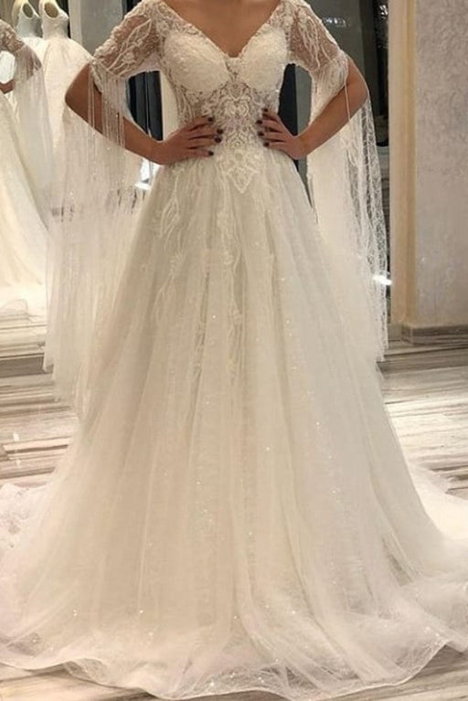Elegant Short-Sleeve Lace A-Line Wedding Gown Deep V-Neck Pearls Bridal Dress