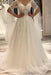 Elegant Short-Sleeve Lace A-Line Wedding Gown Deep V-Neck Pearls Bridal Dress