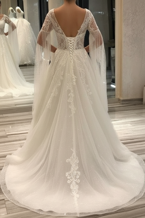 Elegant Short-Sleeve Backless A-Line Wedding Gown with Deep V-Neck, Lace Appliques, and Pearls