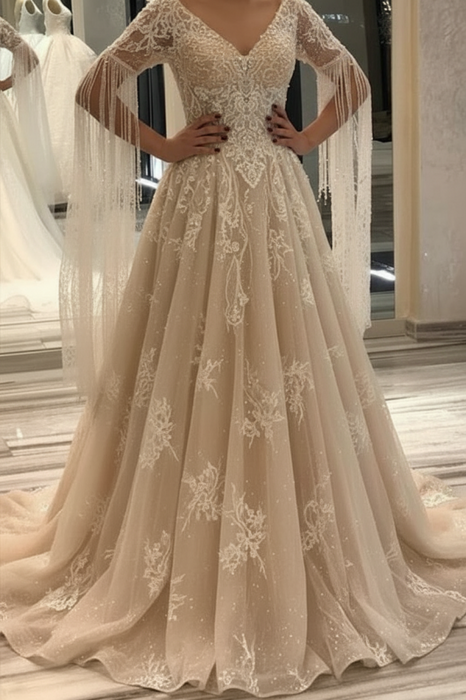 Champagne Elegant Short-Sleeve Backless A-Line Wedding Gown with Deep V-Neck, Lace Appliques, and Pearls