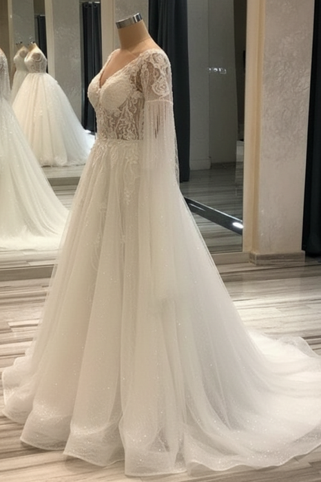 Elegant Short-Sleeve Backless A-Line Wedding Gown with Deep V-Neck, Lace Appliques, and Pearls