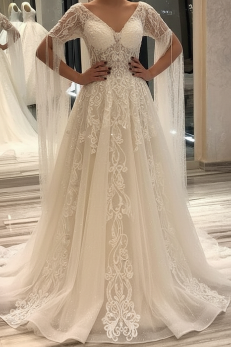 Ivory Elegant Short-Sleeve Backless A-Line Wedding Gown with Deep V-Neck, Lace Appliques, and Pearls