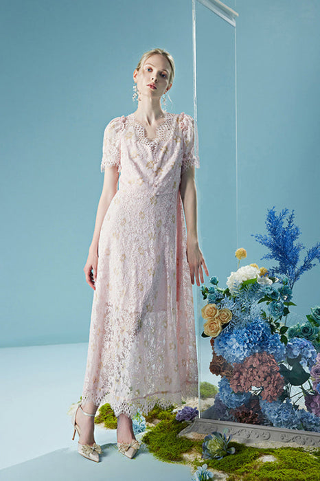 Elegant Short Sleeves Aline Floral Lace Dress Ankle Length - Dresses