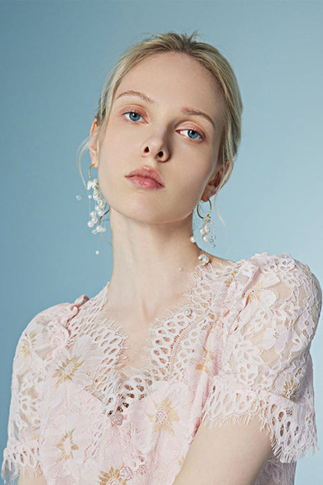 Elegant Short Sleeves Aline Floral Lace Dress Ankle Length - Dresses