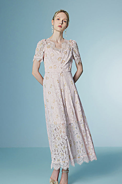 Elegant Short Sleeves Aline Floral Lace Dress Ankle Length - Dresses