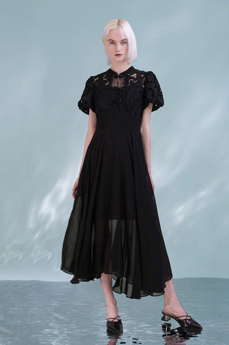 Elegant Short Sleeves Black Daily Lace Formal Dress - Black / S - Dresses