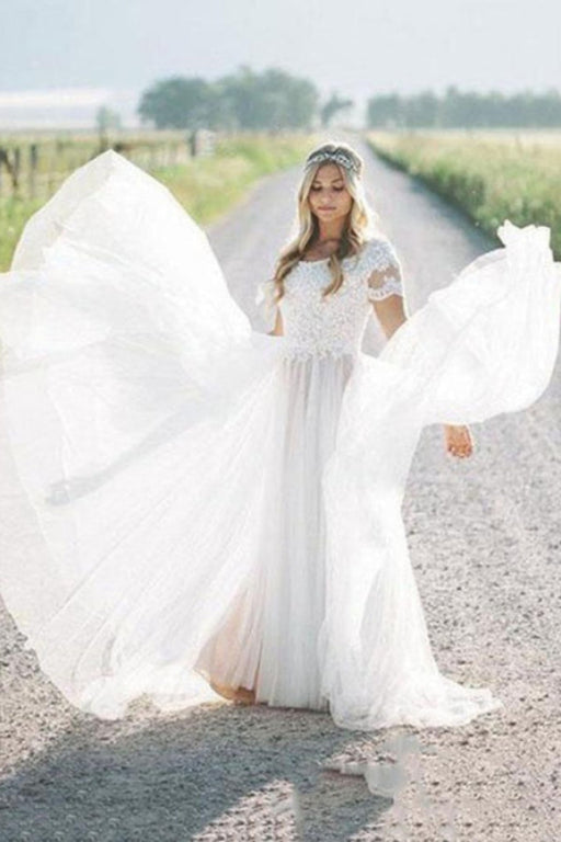 Elegant Short Sleeves Lace Tulle Wedding Dresses wedding dresses
