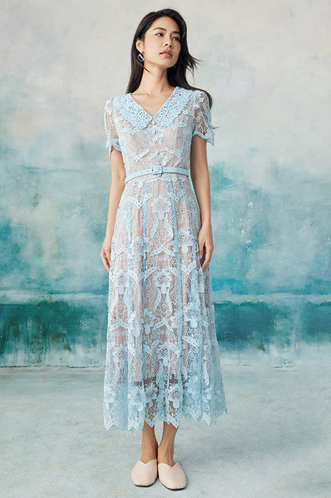 Elegant Sky Blue Simple Floral Lace Dress Aline Formal Dress - Dresses