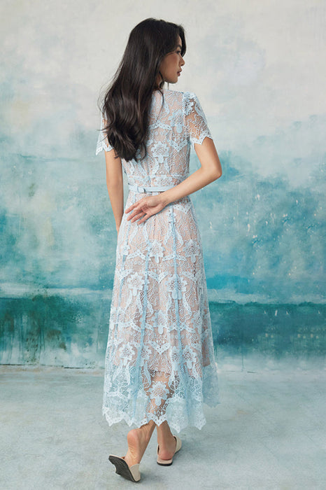 Elegant Sky Blue Simple Floral Lace Dress Aline Formal Dress - Dresses