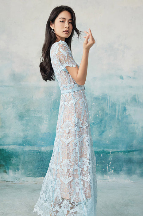 Elegant Sky Blue Simple Floral Lace Dress Aline Formal Dress - Dresses