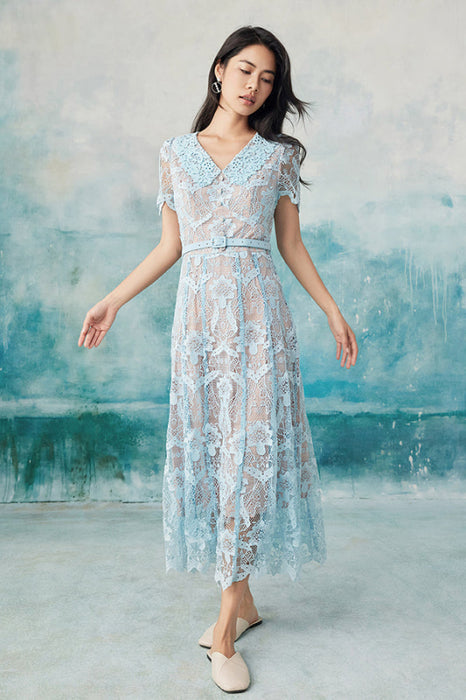Elegant Sky Blue Simple Floral Lace Dress Aline Formal Dress - Sky Blue / S - Dresses