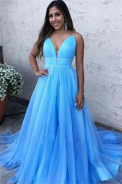 Elegant Sky Blue Tulle Long Evening Dress