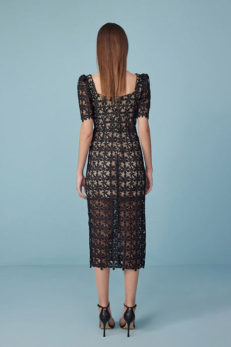 Elegant Square Neck Black Lace Midi Dress with Bow A-Line Summer Dress Short Sleeves - Dresses