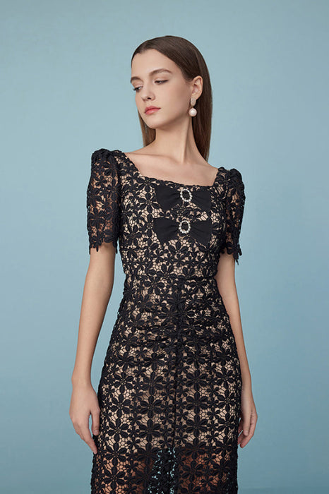 Elegant Square Neck Black Lace Midi Dress with Bow A-Line Summer Dress Short Sleeves - Dresses