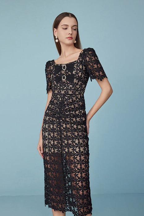 Elegant Square Neck Black Lace Midi Dress with Bow A-Line Summer Dress Short Sleeves - Dresses