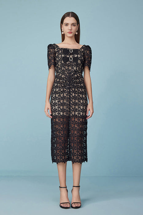 Elegant Square Neck Black Lace Midi Dress with Bow A-Line Summer Dress Short Sleeves - Black / S - Dresses
