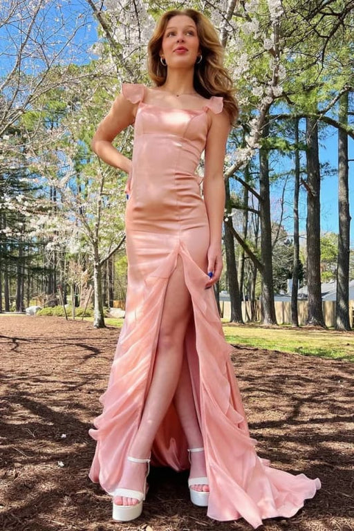 Elegant Square Neckline Satin Lace up Column Prom Dresses with Slit - Prom Dress