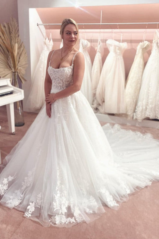Elegant Strapless A-line Wedding Gown with Spaghetti Straps and Lace Appliques - Wedding Dresses