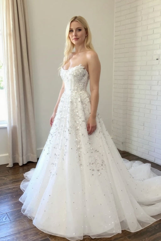 Elegant Strapless Aline Wedding Dress with Lace Appliques - Wedding Dresses