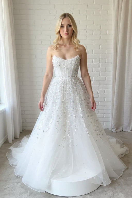 Elegant Strapless Aline Wedding Dress with Lace Appliques - Wedding Dresses
