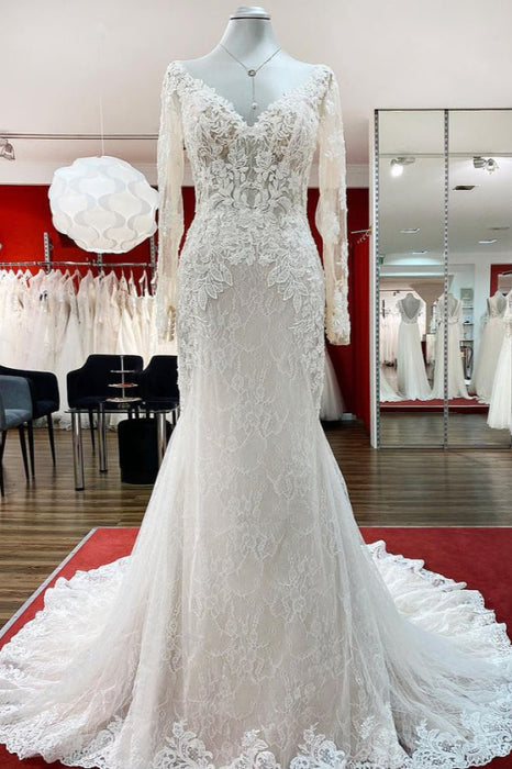 Elegant Sweetheart Mermaid Lace Bridal Gown with Long Sleeves and Tulle - Wedding Dresses