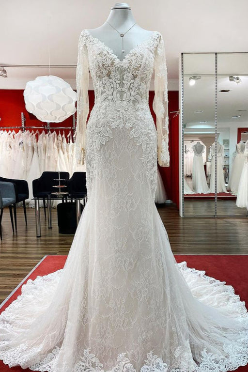 Elegant Sweetheart Mermaid Lace Bridal Gown with Long Sleeves and Tulle - Wedding Dresses