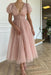 Elegant Taupe Pink V-Neck Short Sleeves Prom Dress with Sequins
