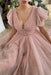 Elegant Taupe Pink V-Neck Short Sleeves Prom Dress with Sequins