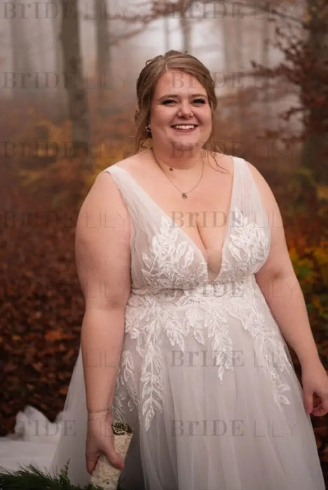 Elegant Tulle Aline Wedding Dress V-neck Plus Size Bridal Dress with Appliques