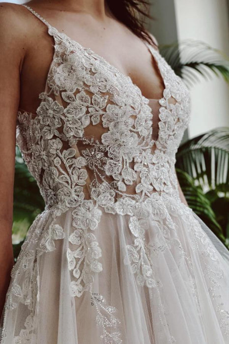 Elegant Tulle Floral Lace Aline Wedding Dresses Sleeveless - Wedding Dresses