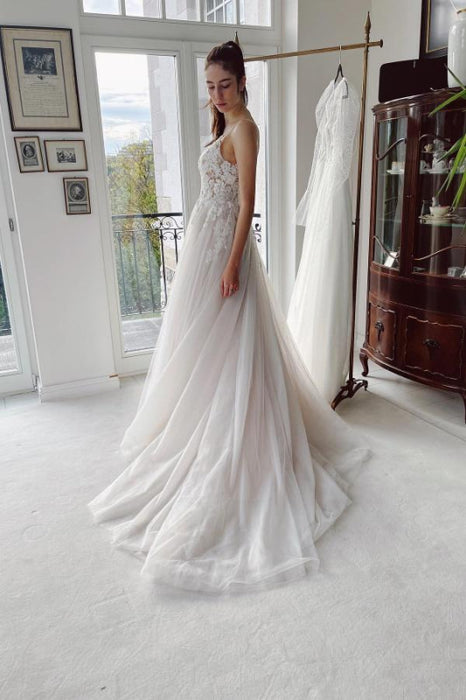 Elegant Tulle Floral Lace Aline Wedding Dresses Sleeveless - Wedding Dresses