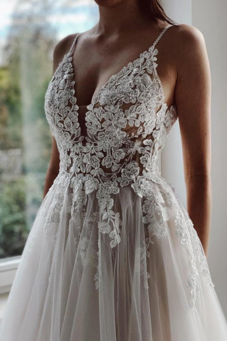 Elegant Tulle Floral Lace Aline Wedding Dresses Sleeveless - Wedding Dresses