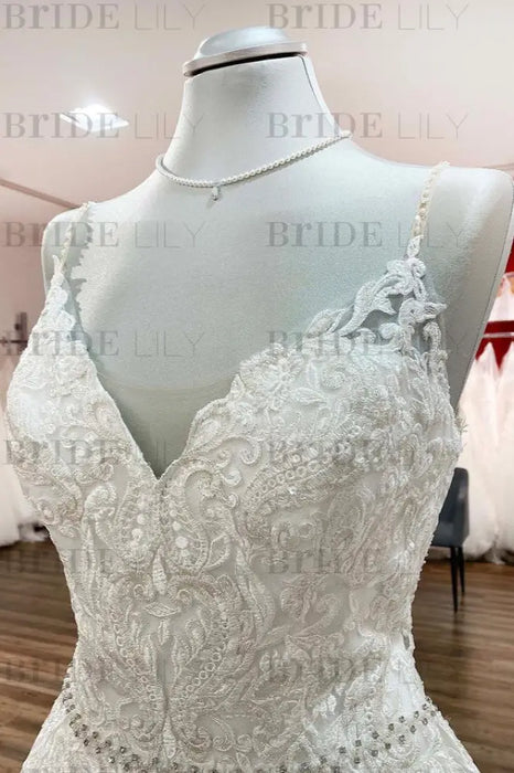 Elegant Long A-line Wedding Dress with V-neck, Spaghetti Straps, and Lace Ruffles