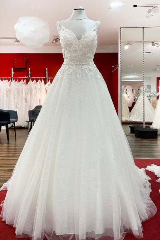 Elegant Tulle Lace A-line Wedding Dress V-neck with Spaghetti Straps
