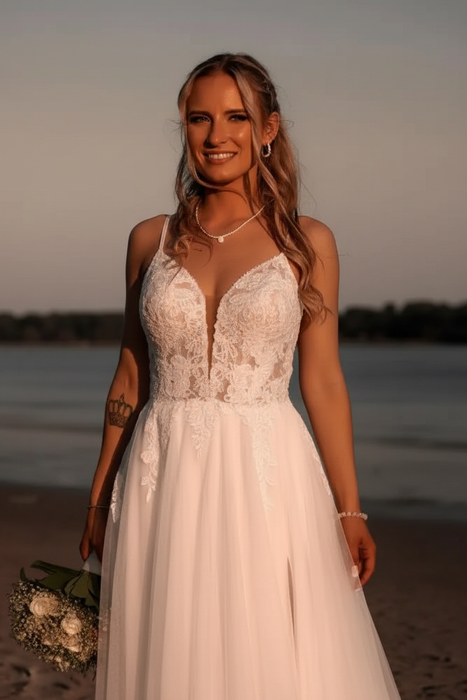 Spaghetti Straps V-Neck Empire Tulle Prom Dresses With Split