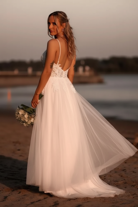 Spaghetti Straps V-Neck Empire Tulle Prom Dresses With Split