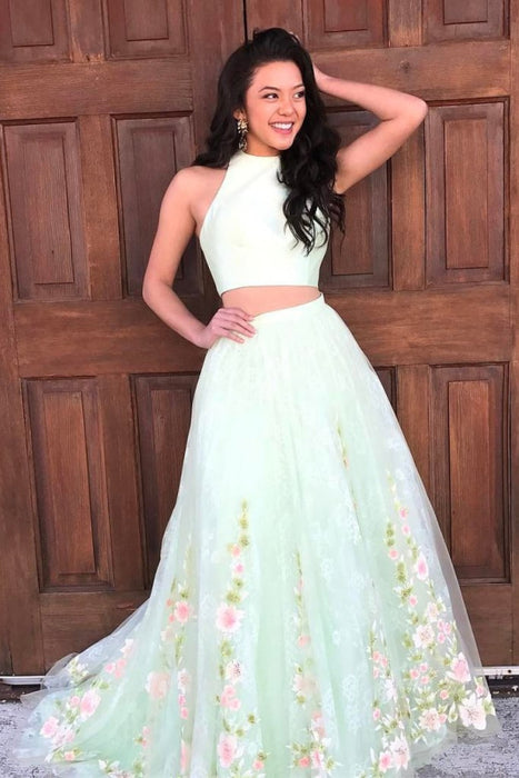 Elegant Two Piece Mint Green Jewel Sleeveless A-line Floral Long Prom Dress - Prom Dresses