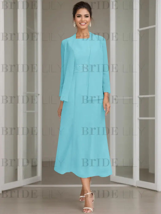 Tea-Length Mother of the Bride Sheath Dress with Beaded Jacket