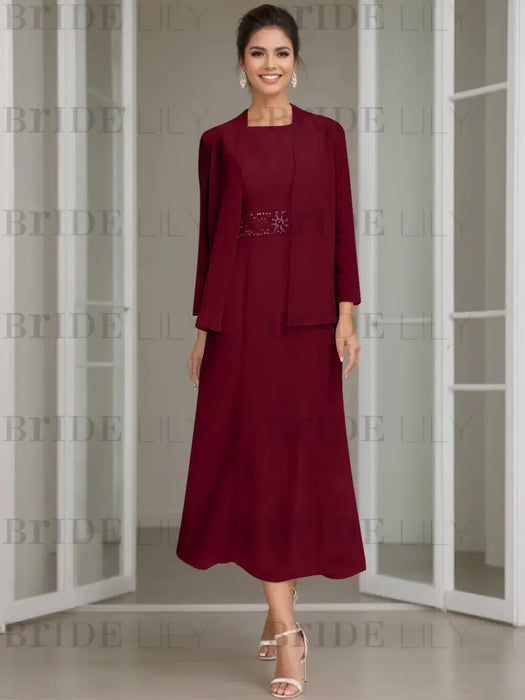 Tea-Length Mother of the Bride Sheath Dress with Beaded Jacket