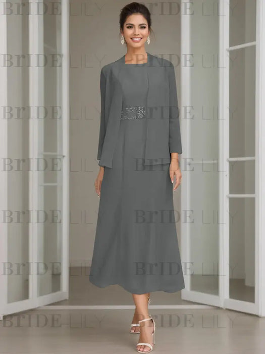 Tea-Length Mother of the Bride Sheath Dress with Beaded Jacket