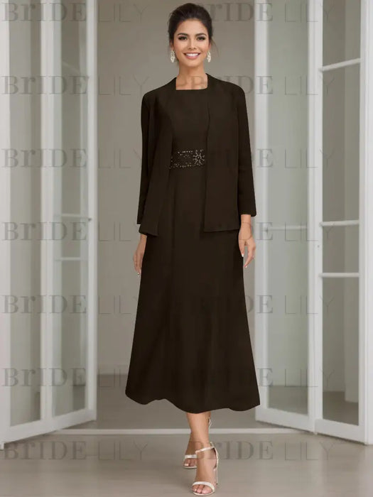 Tea-Length Mother of the Bride Sheath Dress with Beaded Jacket
