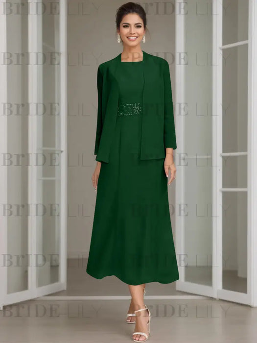 Tea-Length Mother of the Bride Sheath Dress with Beaded Jacket