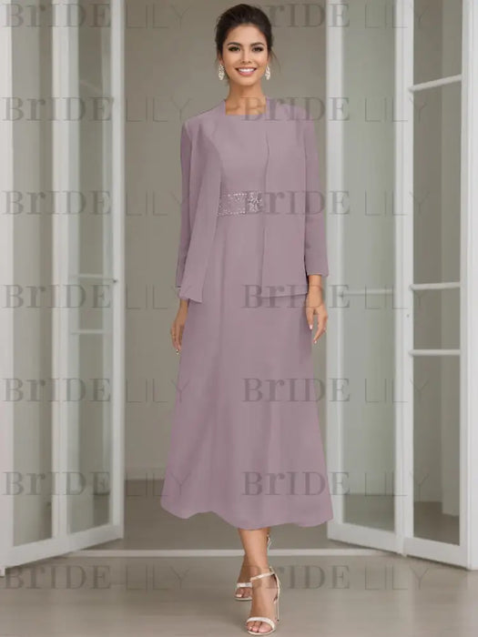 Tea-Length Mother of the Bride Sheath Dress with Beaded Jacket