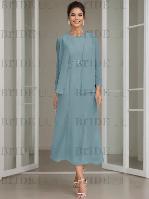 Tea-Length Mother of the Bride Sheath Dress with Beaded Jacket