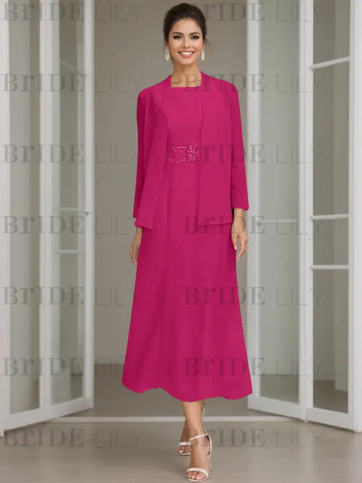 Tea-Length Mother of the Bride Sheath Dress with Beaded Jacket