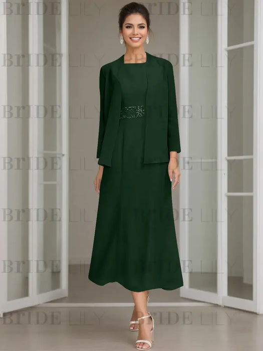 Tea-Length Mother of the Bride Sheath Dress with Beaded Jacket
