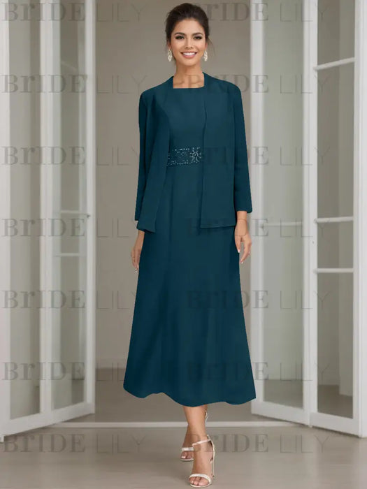 Tea-Length Mother of the Bride Sheath Dress with Beaded Jacket