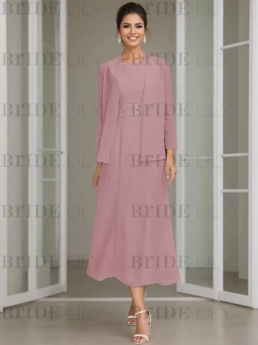 Mauve Tea-Length Mother of the Bride Sheath Dress with Beaded Jacket